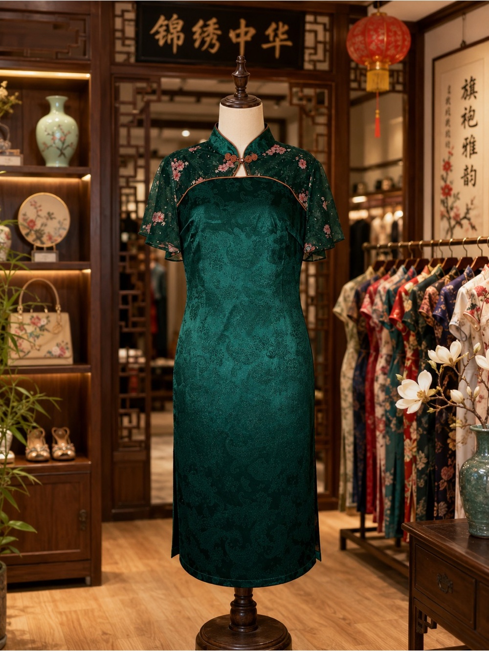 Beautiful Green Floral Cheongsam Dress, Size Medium